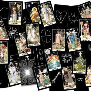 May include: A collection of tarot cards with black backgrounds and colorful illustrations. Each card features unique artwork and titles, including "Temperance," "The Witch," and "The Sun." White line drawings and symbols accent the cards.