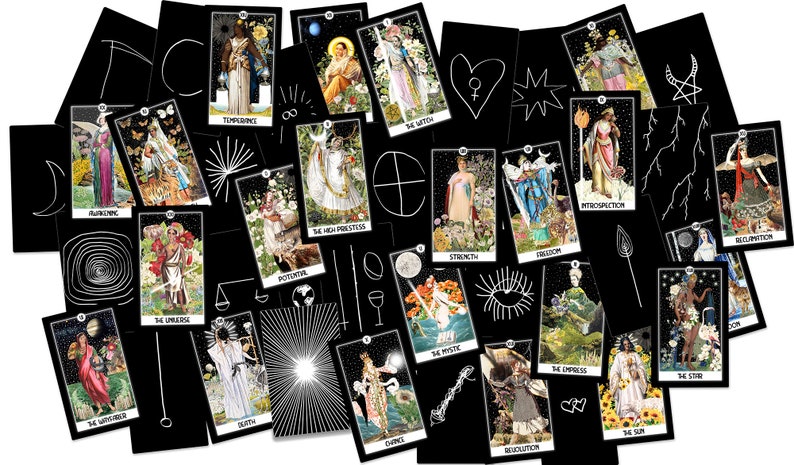 May include: A collection of tarot cards with black backgrounds and colorful illustrations. Each card features unique artwork and titles, including "Temperance," "The Witch," and "The Sun." White line drawings and symbols accent the cards.