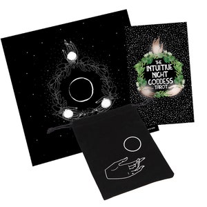 May include: A black velvet bag with a white moon and hand design. The bag is next to a black tarot card deck with a white moon and hand design. The card deck box has the text "The Intuitive Night Goddess Tarot" on the front.