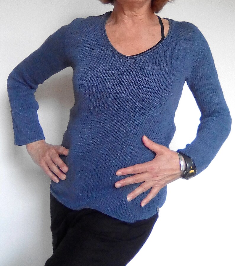 Woman blue linen sweater long sleeves handknitted V neck