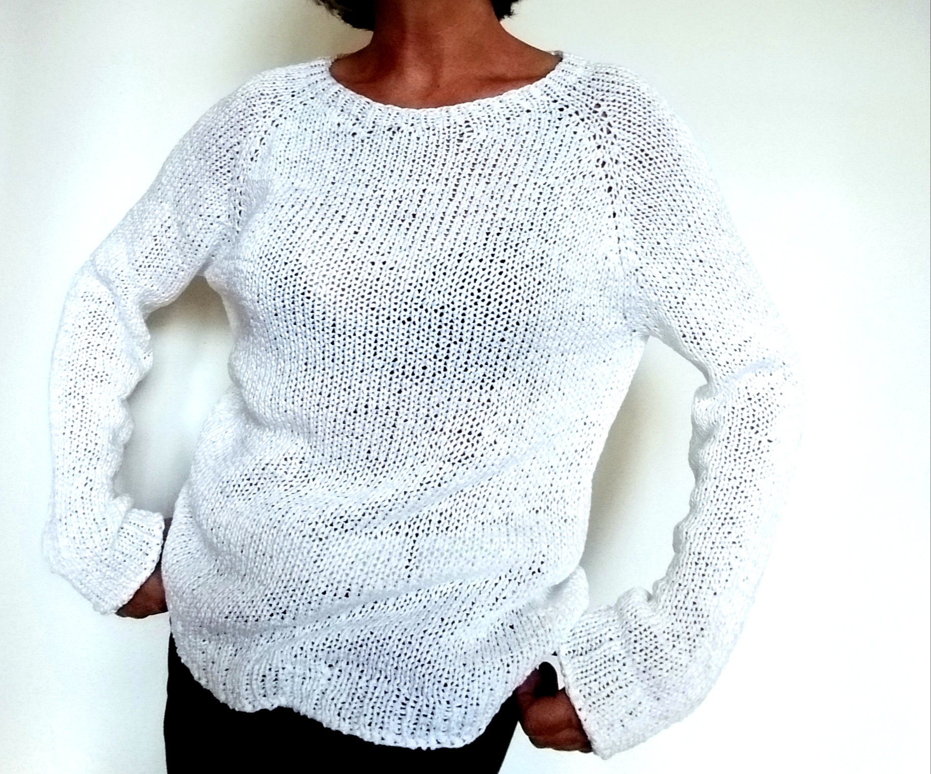 White Summer Sweater Long Sleeves Round 