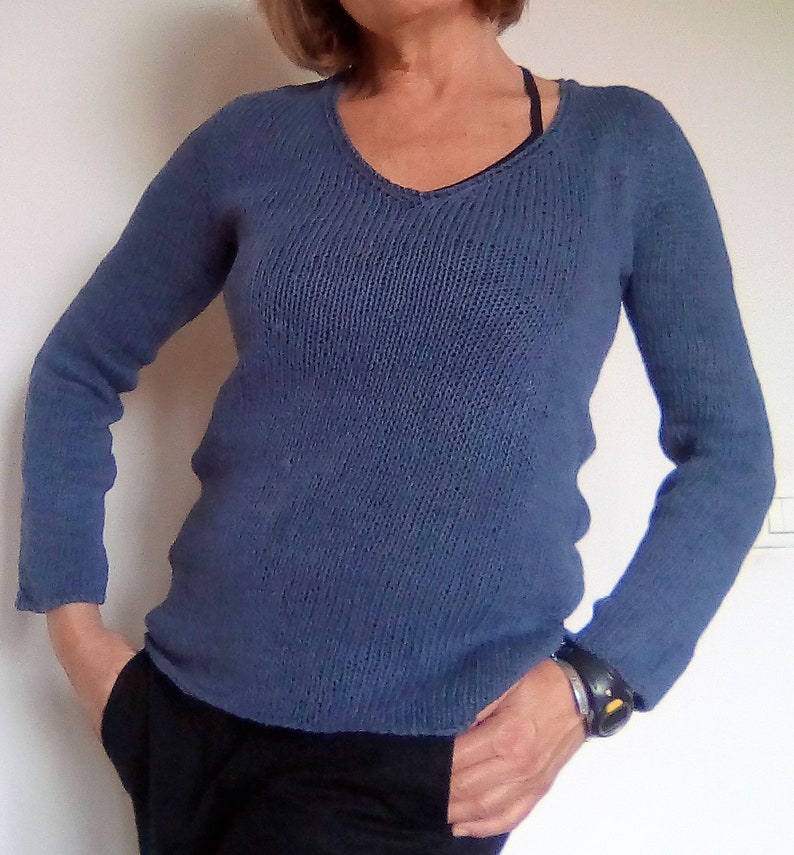 Woman blue linen sweater long sleeves handknitted V neck