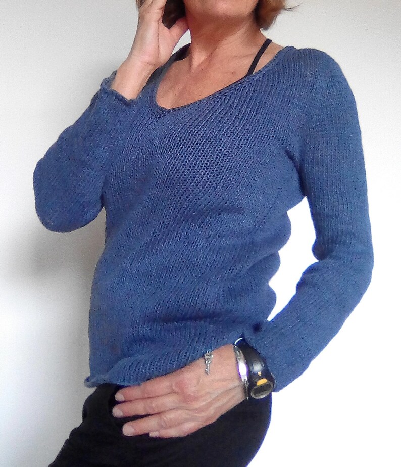 Woman blue linen sweater long sleeves handknitted V neck