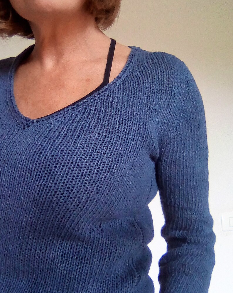 Woman blue linen sweater long sleeves handknitted V neck
