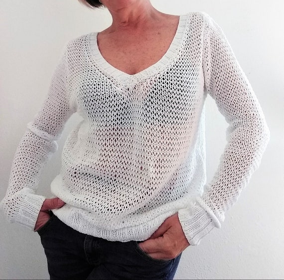 White Cotton Woman Sweater V Neck Long Sleeves Lace Knit - Etsy Hong Kong