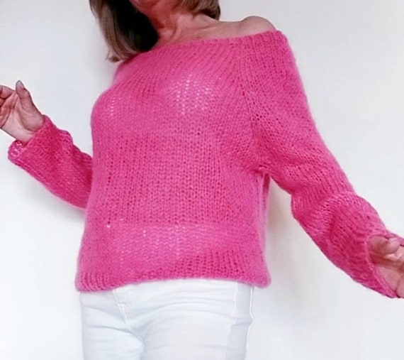 Maglione donna in mohair rosa brillante con scollo a barca | Etsy Italia