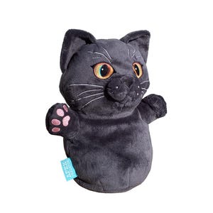 May include: A gray plush cat hand puppet with pink paw pads and embroidered eyes. The puppet has a black nose and whiskers. The text "ALEX & ALEX" is visible on the bottom of the puppet.