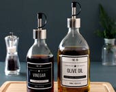 Clear Glass Oil Vinegar Dispenser Bottle 300ml 500ml with Stainless Steel Pourer and choice of Designer Labels