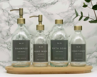 Clear Glass Soap Dispenser Bottle with Brass Pump or Screw Cap and Grey Waterproof Label for Dish Soap, Hand Lotion, Shampoo, Eco Refill