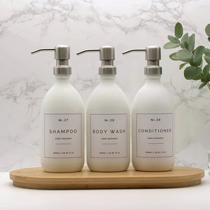 White Matte Glass Bathroom Dispenser Bottle, Refillable with Silver Metal Soap Pump and Waterproof Label, Shampoo, Conditioner, Body Wash