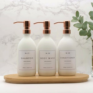 Mattweiße Glasflasche für das Badezimmer, nachfüllbar mit Rosegold-Metallseifenflasche und wasserdichtem Etikett, Shampoo, Conditioner, Körperwäsche