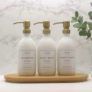 White Matte Glass Bathroom Dispenser Bottle, Refillable with Brass Metal Soap Pump and Waterproof Label, Shampoo, Conditioner, Body Wash