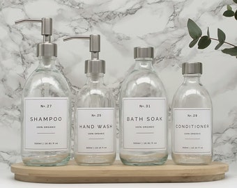 Clear Glass Soap Dispenser Bottle with Silver Pump or Screw Cap and White Waterproof Label for Hand Wash, Shampoo, Shower Gel, Eco Refill