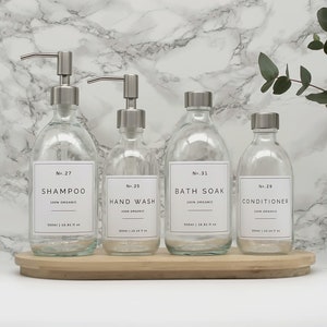 Clear Glass Soap Dispenser Bottle with Silver Pump or Screw Cap and White Waterproof Label for Hand Wash, Shampoo, Shower Gel, Eco Refill