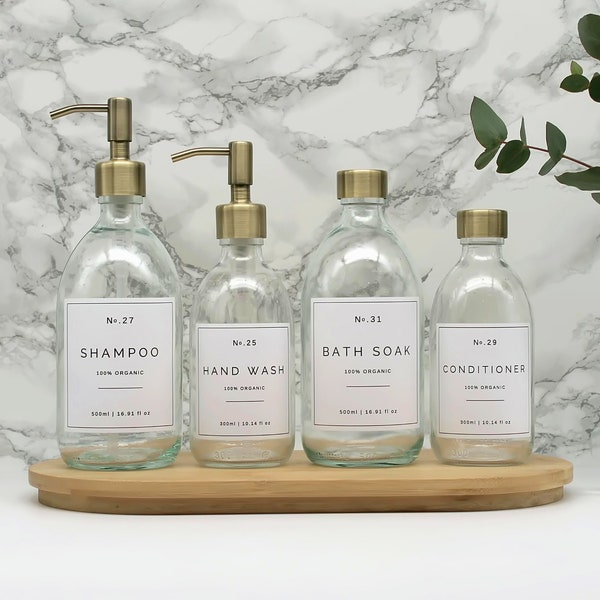 Clear Glass Soap Dispenser Bottle: Refillable with Brass Pump, Choice of Waterproof Labels