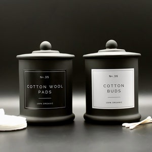 Cotton Buds, Cotton Wool Pads Glass Jar in Matte Black with White or Black Label