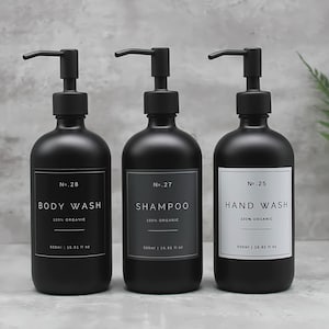 Matte Black Glass Dispenser Bottle: 500ml Refillable with Black, Grey, White Waterproof Label