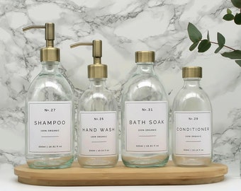 Clear Glass Soap Dispenser Bottle with Brass Pump or Screw Cap and White Waterproof Label for Hand Wash, Shampoo, Bubble Bath, Eco Refill