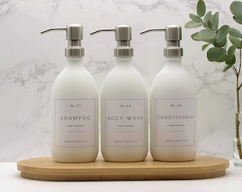 White Matte Glass Bathroom Dispenser Bottle, Refillable with Silver Metal Soap Pump and Waterproof Label, Shampoo, Conditioner, Body Wash