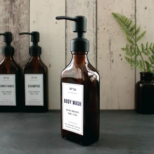 Reusable Rectangular Amber Glass Dispenser Bottle with Black Metal Pump and White Shampoo | Conditioner | Body Wash Label | Eco, Bathroom