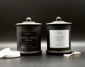 Cotton Buds, Cotton Wool Pads Glass Jar in Matte Black with White or Black Label