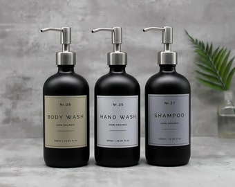 Matte Black Glass Shampoo Dispenser Bottle: Body Wash, Conditioner, Silver Metal Pump, Waterproof Label