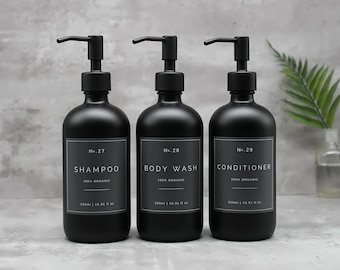 Refillable Matte Black Glass Pump Dispenser Bottle with Slate Grey Waterproof Label and choice of Pumps | Shampoo, Conditioner, Body Wash