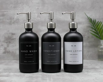 Matte Black Glass Dispenser Bottle: Refillable with Silver Metal Pump and Waterproof Label, 500ml