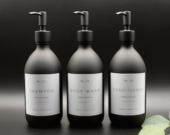 Shampoo, Conditioner, Body Wash Pump Dispenser Bottles in Matt Black Glass with White Labels