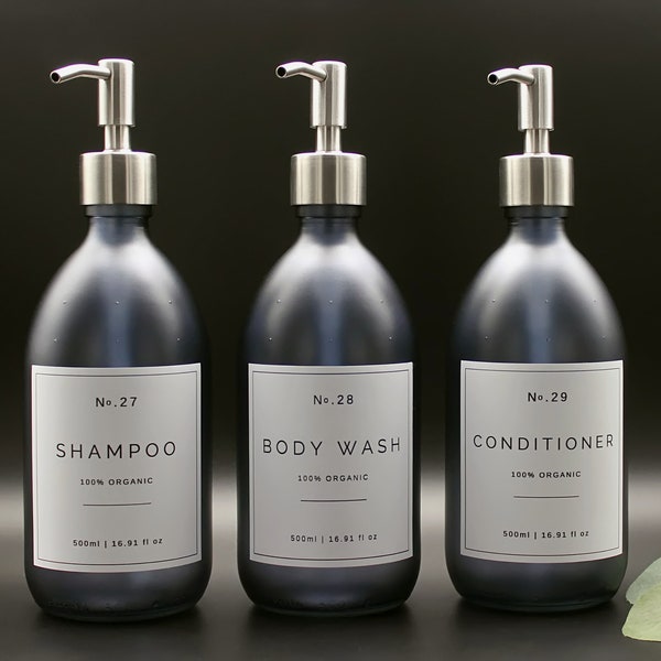 Shampoo, Conditioner, Body Wash Pump Dispenser Bottle in Smoke Grey Glass with Waterproof Label