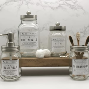 The Vintage Jar Co. Glass Bathroom Accessories Hand Soap Dispenser Toothbrush Holder Cotton Ball Jar Q-Tips Jar Stainless Steel Set of 4