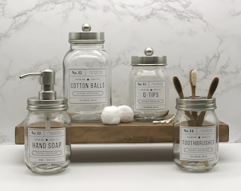 The Vintage Jar Co. Glass Bathroom Accessories - Hand Soap Dispenser | Toothbrush Holder | Cotton Ball Jar | Q-Tips Jar - Stainless Steel