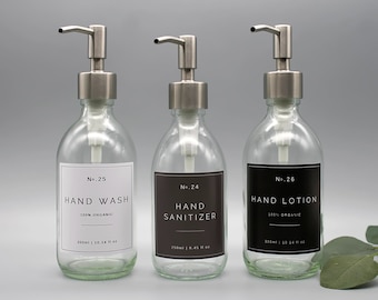 Refillable Clear Glass Dispenser Bottle: Hand Soap, Lotion, Sanitiser - Silver Metal Pump