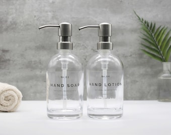 Bouteille en verre transparent, distributeur de savon rechargeable avec pompe en métal argenté, pour savon et lotion pour les mains - Réutilisable, respectueux de l'environnement