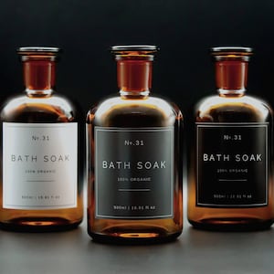 Amber Glass Apothecary Bath Soak, Bath Salts Jar 500ml with White, Grey, Black Label - Eco-Friendly | Reusable | Industrial Bathroom Décor