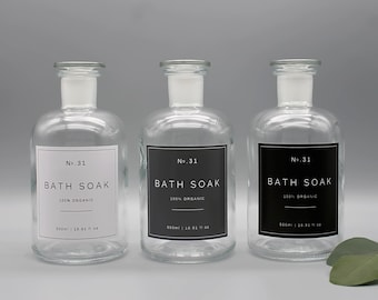Clear Glass Apothecary Bath Soak Jar with White | Grey | Black Label - Eco-Friendly | Reusable | Urban | Industrial Bathroom Décor
