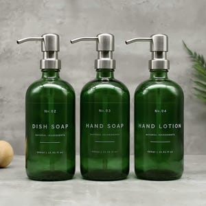 Refillable Green Glass Soap Dispenser Bottle: Dish Soap, Hand Wash, Lotion, Silver Metal Pump