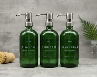 Refillable Green Glass Soap Dispenser for Hand Wash, Dish Soap, Hand Lotion with Silver Metal Pump Top - Reusable, Eco-friendly, Waterproof