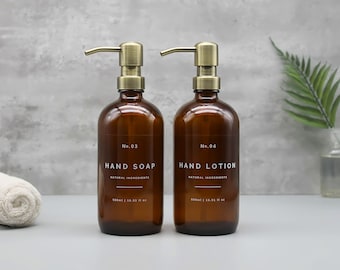 Refillable Amber Glass Soap Dispenser for Hand Wash, Lotion, Dish Soap with Brass Gold Metal Pump Top - Reusable, Eco-friendly, Waterproof