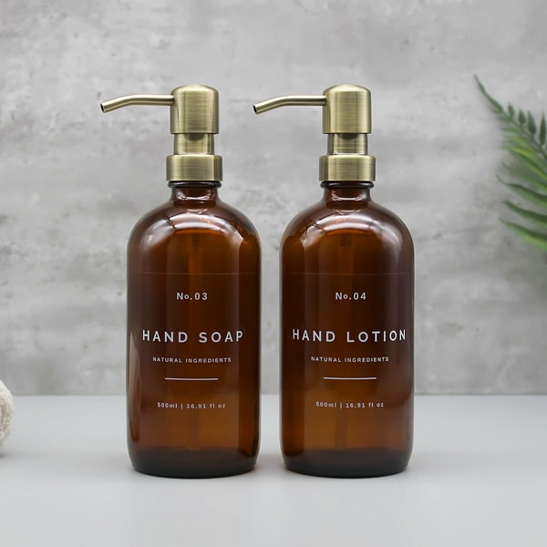 Refillable Amber Glass Soap Dispenser for Hand Wash and Hand Lotion with Brass, Gold Metal Pump Top - Reusable, Eco-friendly, Waterproof