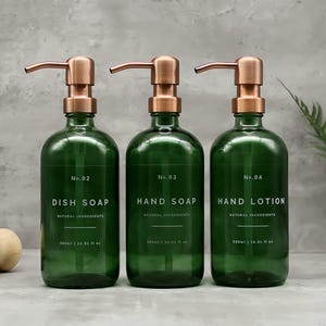 Refillable Green Glass Soap Dispenser: Copper Pump, Hand Wash, Lotion, Dish Soap Bottle