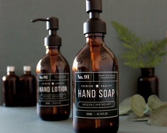 Refillable Amber Glass Soap Dispenser: Matte Black Pump, Waterproof Label