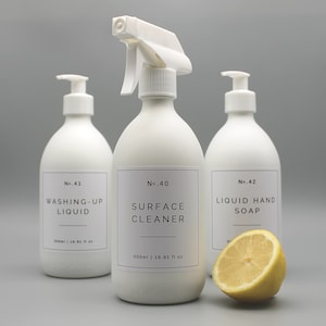 White Glass Kitchen Dispenser Bottle: Soap, Liquid, Cleaner with Waterproof Label