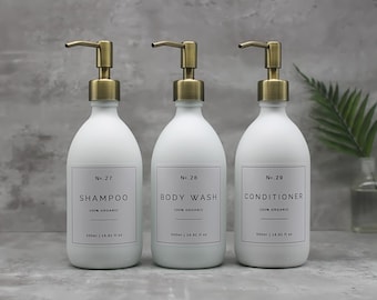 Matte White Glass Shampoo-Flasche: Nachfüllbarer Conditioner, Body Wash Dispenser, Messing Metal Pump