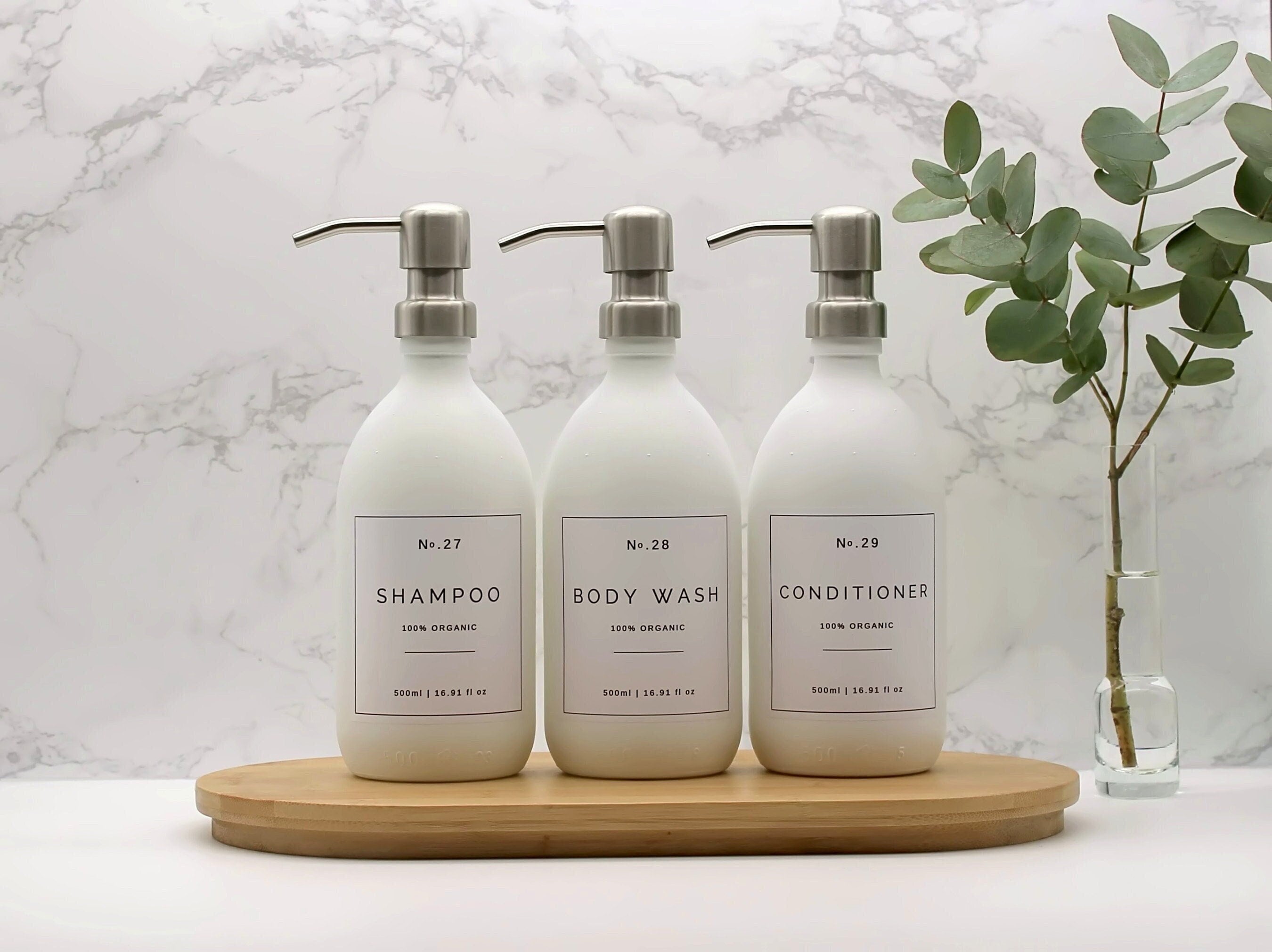 DIDROOM Set 3 Dispenser Per Shampoo E Balsamo: Bottiglie Vuote Ricaricabili Da 595ml, Con Etichette Permanenti, Per Doccia E Bagno