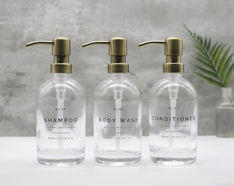 Bouteille en verre transparent, distributeur de savon rechargeable en laiton, pompe en métal doré, pour shampooing, après-shampoing, nettoyant pour le corps - réutilisable, respectueux de l'environnement