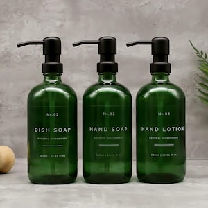 Green Glass Soap Dispenser: Refillable Dish Soap, Hand Wash, Lotion Bottle - Black Metal Pump