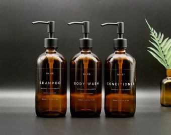 Amber Glass Shampoo, Body Wash, Conditioner Bottle with Black Metal Dispenser Pump and Waterproof Label - Refillable, Reusable, Eco-friendly