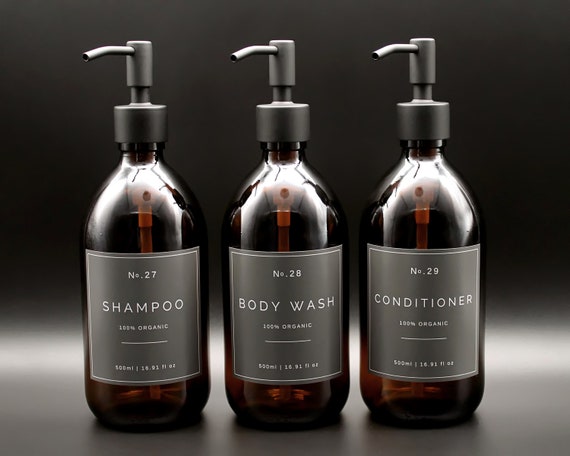 Flacone per shampoo / Dispenser di sapone in vetro ambrato ricaricabile per  shampoo, balsamo, bagnoschiuma con pompa in metallo nero / Ricarica  ecologica, bagno -  Italia