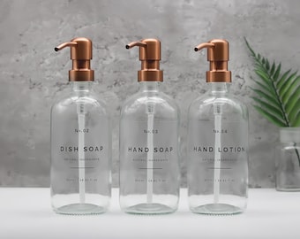 Refillable Soap Dispenser Bottle: Clear Glass, Copper Pump, Dish Wash, Hand Lotion